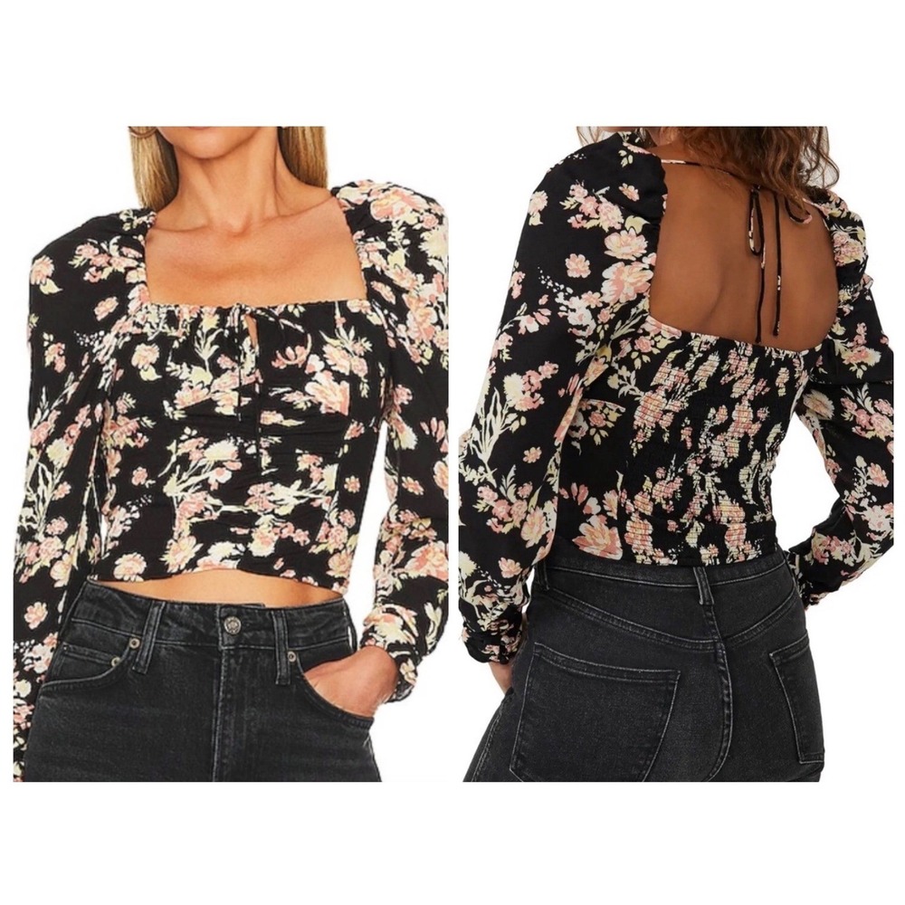 Free People Floral Blouse Women S Black Ruched Smocked Tie Front Long Sleeve